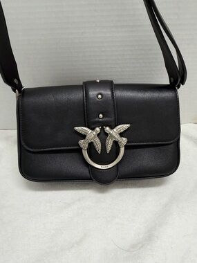 Pinko Black Leather Crossbody with Silver Bird Ring